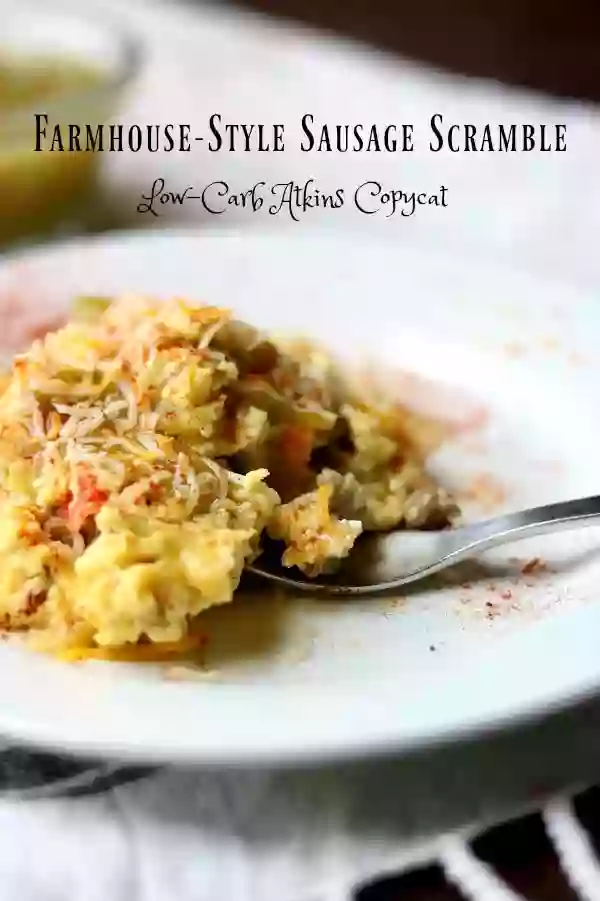 Easy, low carb sausage scramble is a yummy copycat of the popular Atkins frozen meal. From Lowcarb-ology.com