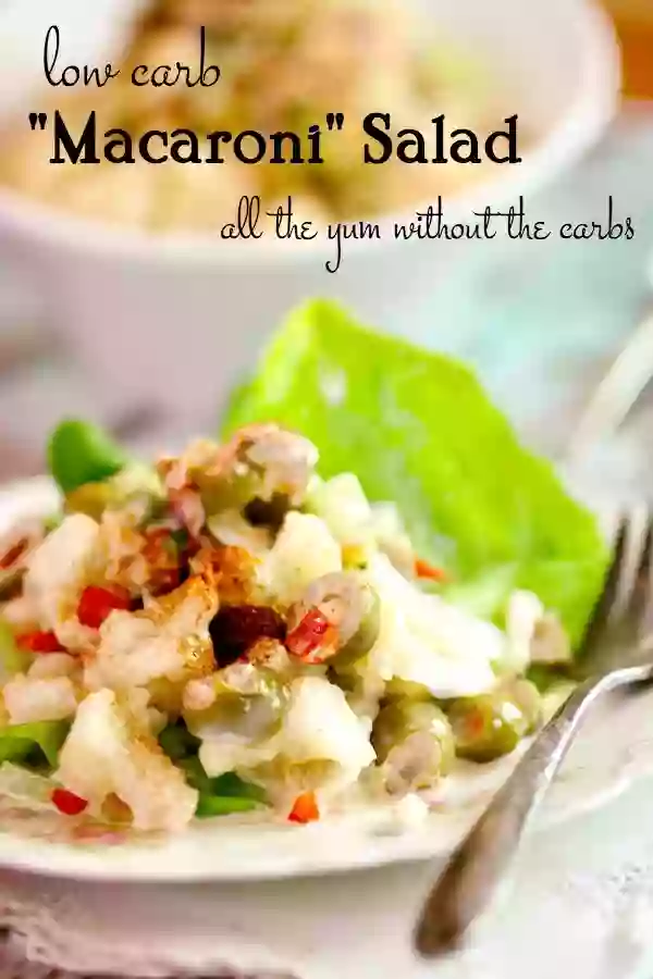 A Plate of Low Carb Macaroni Salad With a Fork Nearby