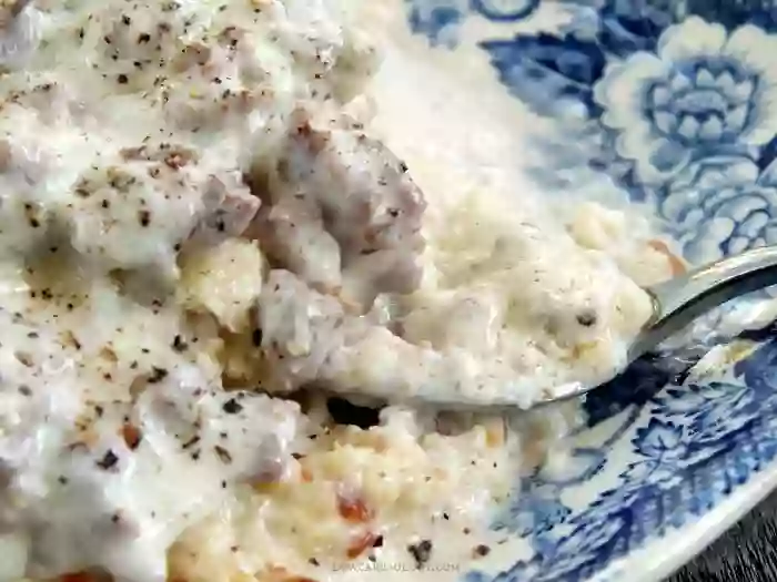 Low-Carb Faux Grits With Gravy Closeup | Lowcarb-ology.com