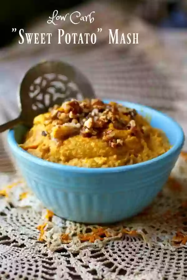 This low carb sweet potato mash is creamy and delicious with a candied pecan topping. From Lowcarb-ology.com
