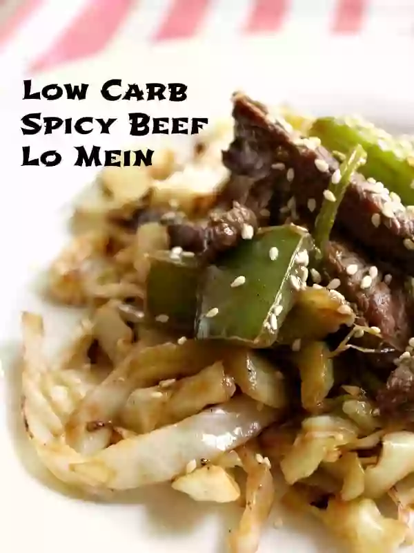 Low-carb spicy beef lo mein that will kick those cravings right to the curb. A total party of textures and flavors and just 4.9 net carbs per generous serving. lowcarb-ology.com