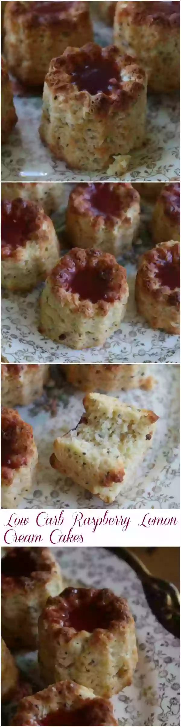 Low carb and gluten free, these raspberry lemon cream cakes are lightly sweet and tender with a sticky raspberry glaze. Lowcarb-ology.com