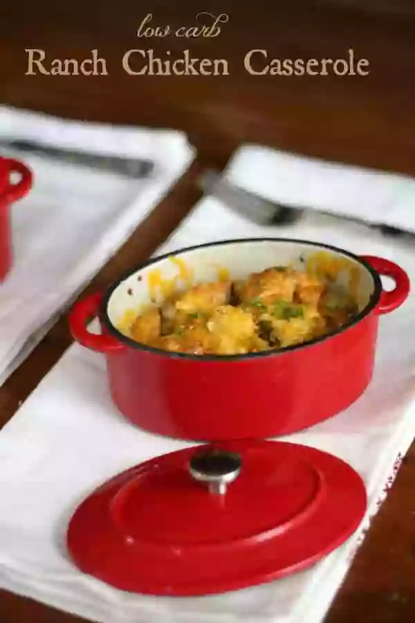 Yummy, creamy Ranch Chicken Casserole with just a little over 3 net carbs per serving! Poblano gives it a little heat. This one is a keeper! From Lowcarb-ology.com