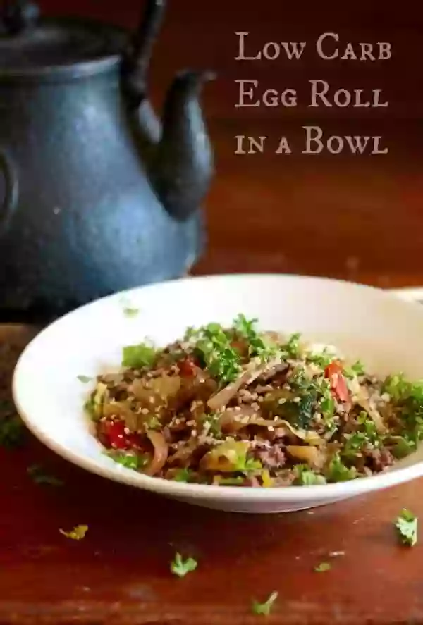 Low carb egg roll in a bowl is a quick and easy lunch or dinner with lots of Asian flavor. :) From Lowcarb-ology.com