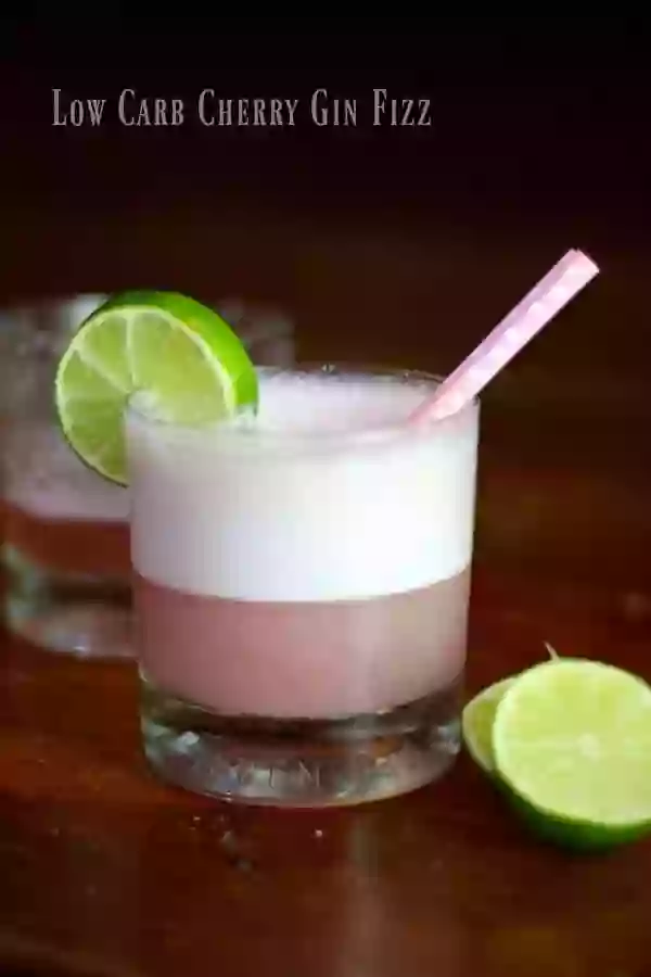 Low Carb Cherry Gin Fizz is sweet and sour with a cloud of foam on the top. From Lowcarb-ology.com