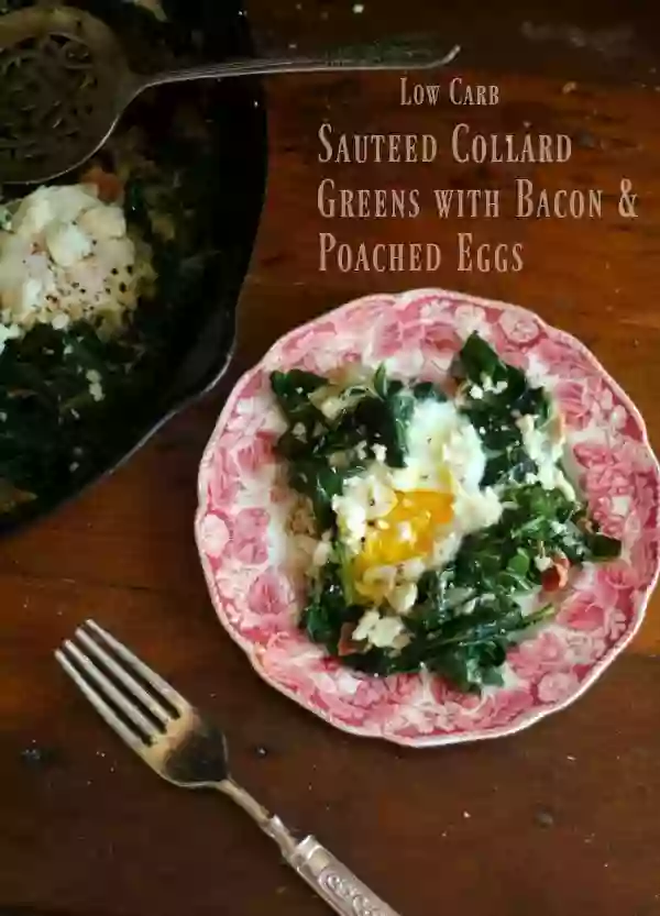 Spicy sauteed collard greens with poached eggs is a yummy breakfast with under 4 net carbs. From Lowcarb-ology.com