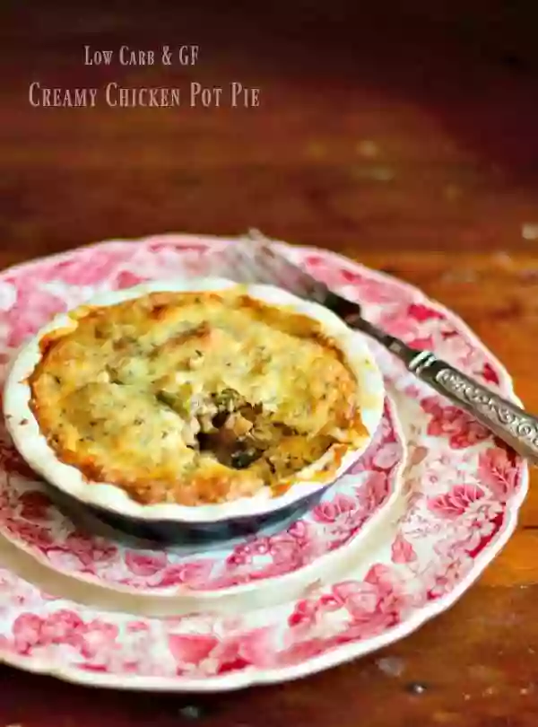 Creamy chicken pot pie is low carb comfort food. Just 7.4 carbs per serving. Lowcarb-ology.com