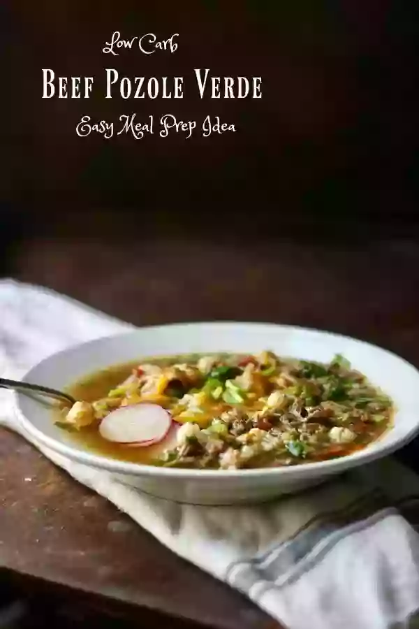 Low Carb Beef Pozole Verde is easy to make, perfect for meal prepping, and has an Atkins friendly 4.6 net carbs! So much flavor! From lowcarb-ology.com