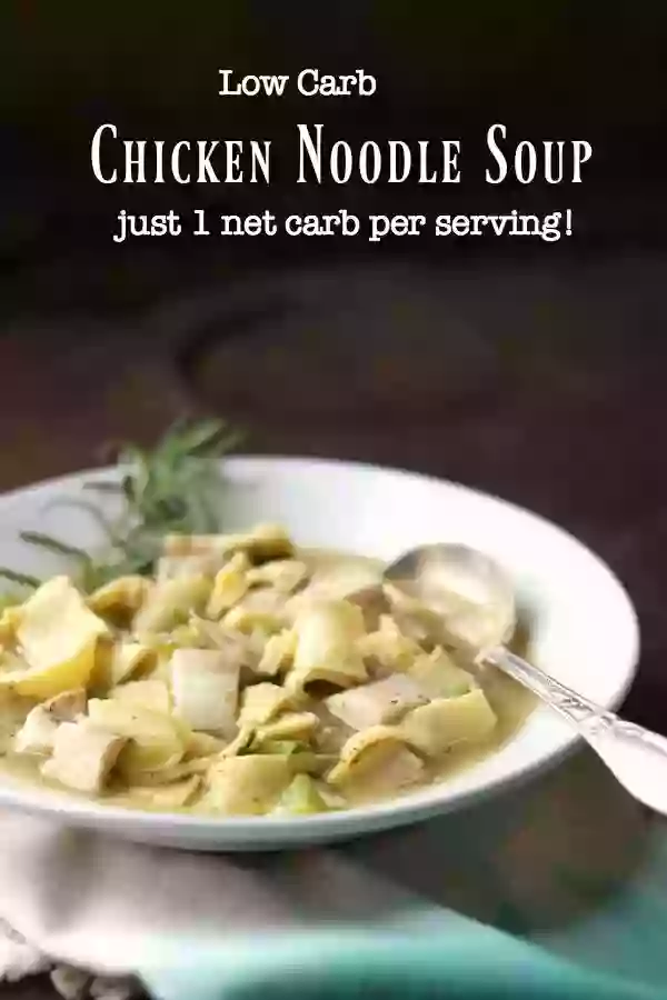 Easy, low carb chicken noodle soup recipe has old fashioned flavor. SO yummy! From Lowcarb-ology.com