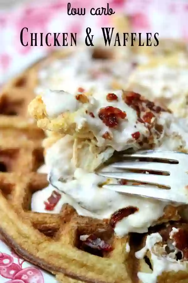 Easy low carb chicken and waffles recipe is a can't-stop-eating-it dance of spicy, creamy, sweet, salty, crispy, tender goodness. Just 10 net carbs per serving. From Lowcarb-ology.com