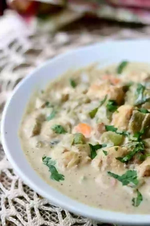 Chicken pot pie soup recipe is creamy low carb comfort food that will warm your soul anytime of the year! Keto friendly, Atkins friendly, just 7 net carbs. Creamy, low carb comfort food! From Lowcarb-ology.com