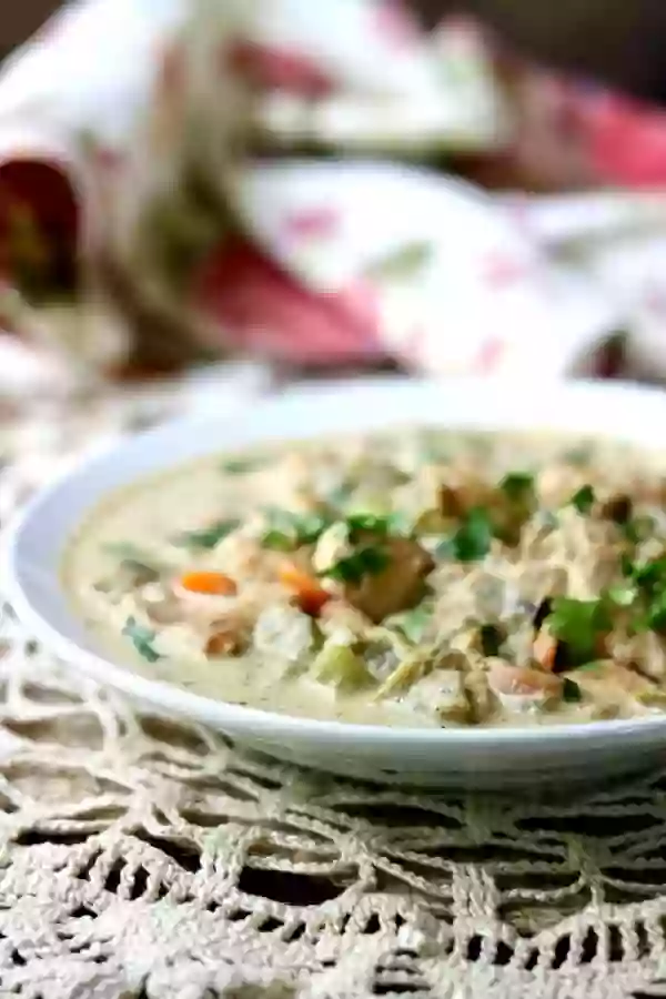 Chicken pot pie soup recipe is creamy low carb comfort food that will warm your soul anytime of the year! Keto friendly, Atkins friendly, just 7 net carbs. Perfect for Autumn! From Lowcarb-ology.com