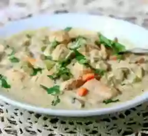 Chicken pot pie soup recipe is creamy low carb comfort food that will warm your soul anytime of the year! Keto friendly, Atkins friendly, just 7 net carbs. Cozy autumn menu including wine suggestions, too! From Lowcarb-ology.com