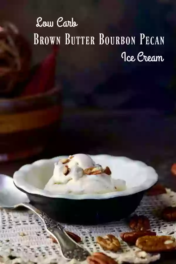 Low carb ice cream is sugar-free goodness anytime of the year but this Brown Butter Bourbon Pecan ice cream recipe has all the flavors of fall. Decadently satisfying, it's a low carb treat that is a delicious way to end any meal. You'll be surprised at how really easy it is to make, too! From Lowcarb-ology.com