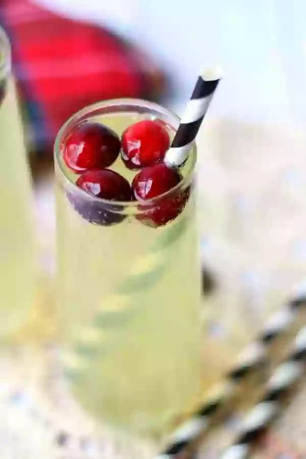 close up of the tropical mule recipe with frozen cranberries floating in it and black and white straws on the table.