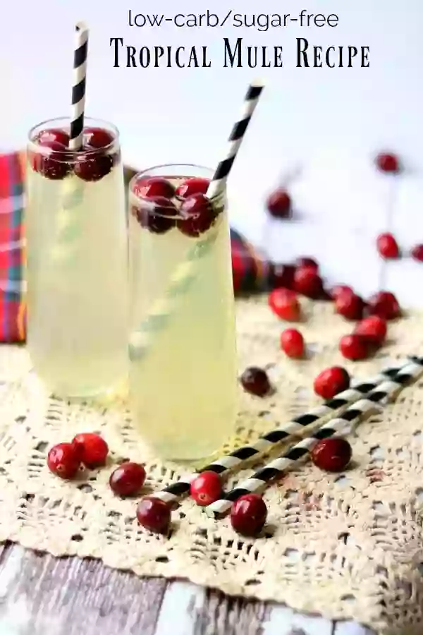 Two glasses of tropical mule cocktail with frozen cranberries floating in them and black and white straws - tropical mule recipe title image