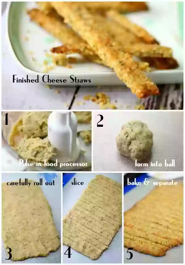 Five step by step images for making cheese straws from mixing to baking.