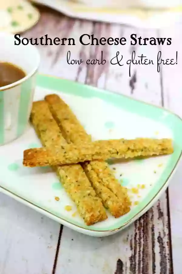 Low carb cheese straws on a white snack plate with mint green dots - title image