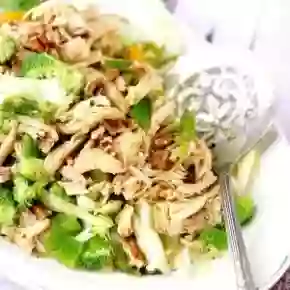 Closeup of hunan chicken salad on a plate used for the recipe card image