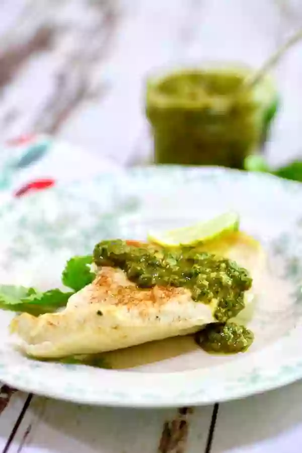 Homemade Chimichurri Steak Sauce Spooned Over Grilled Chicken Breast