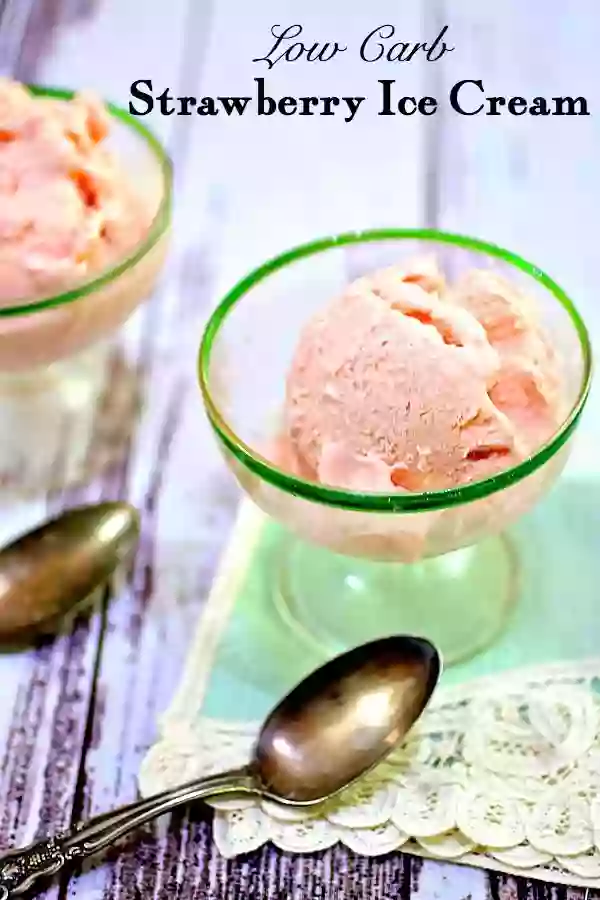 Pink strawberry ice cream in a vintage ice cream dish with a green rim. Title image