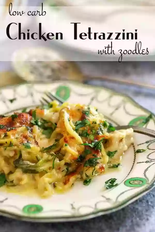 Low carb chicken tetrazzini made with spiralized zucchini on an art deco plate. Title image