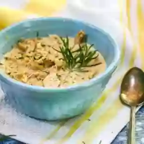small recipe image of creamy low carb chicken and rice soup
