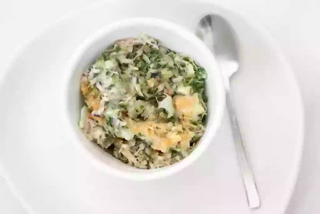 Keto Tuna Casserole serving in a white bowl.