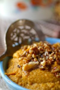 Low carb sweet potato mash has a candied pecan topping. Perfect for the holidays! From Lowcarb-ology.com