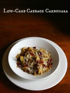 low-carb cabbage carbonara has all the flavor and richness that you want when you are craving Italian food. Smoky bacon, salty Parmesan, and garlic flavor this dish beautifully. Lowcarb-ology.com