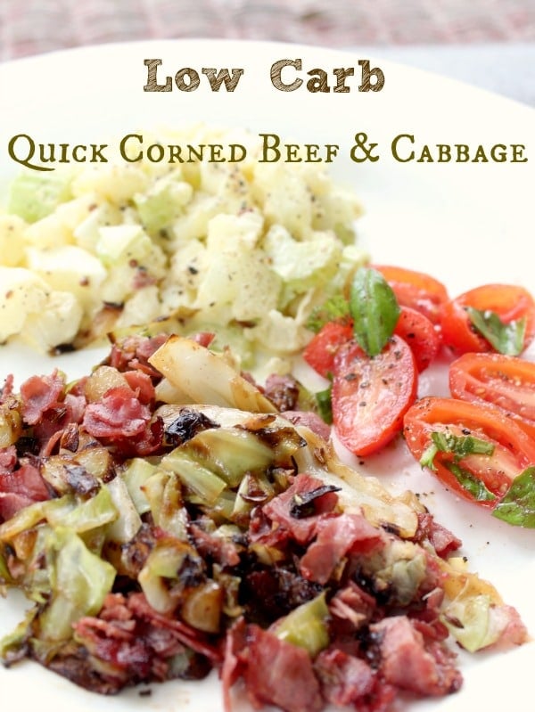 This ultra-quick corned beef and cabbage is low carb, you can make it for one serving, and it is totally done in 15 minutes. Seriously. Lowcarb-ology.com