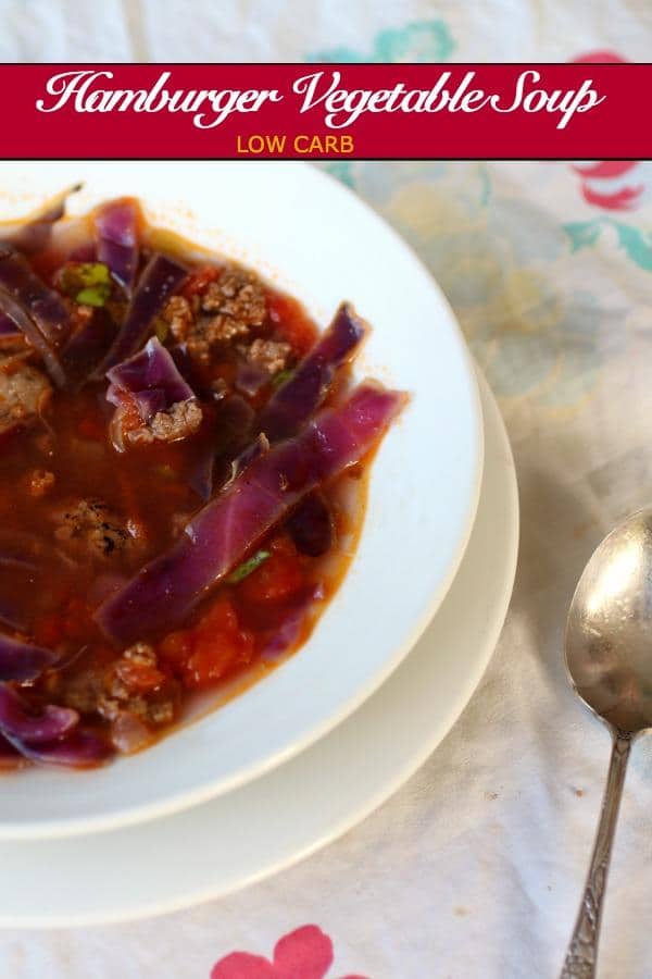 This low carb hamburger vegetable soup is a copycat of an old Campbells soup - hamburger noodle. It's got just over 100 calories and under 2 carbs per serving with all the flavor if the original. So good! From Lowcarb-ology.com