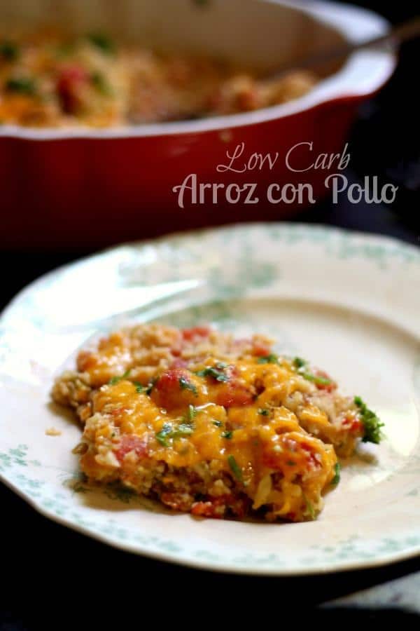 Low carb arroz con pollo, a classic chicken and rice dish, is full of Mexican flavor but just 6.9 carbs per serving! LOVE this stuff! From Lowcarb-ology.com
