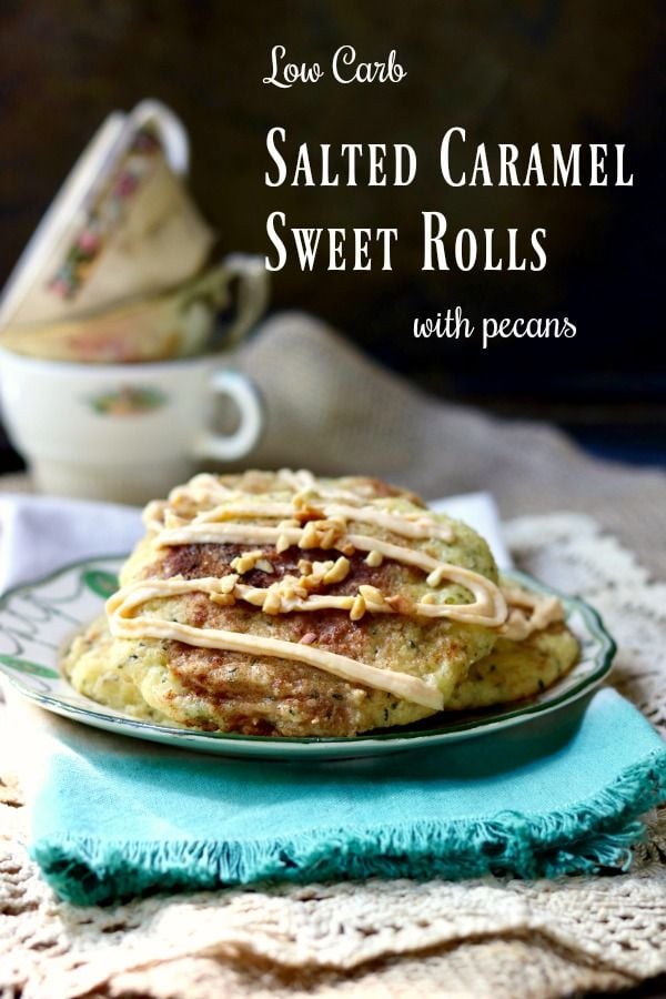 Easy, gluten free salted caramel sweet rolls have just 3 net carbs each! Chewy, sweet dough surrounds a rich cheesecake center and is covered with a salted caramel glaze and sprinkled with pecans! Lowcarb goodness! From Lowcarb-ology..com