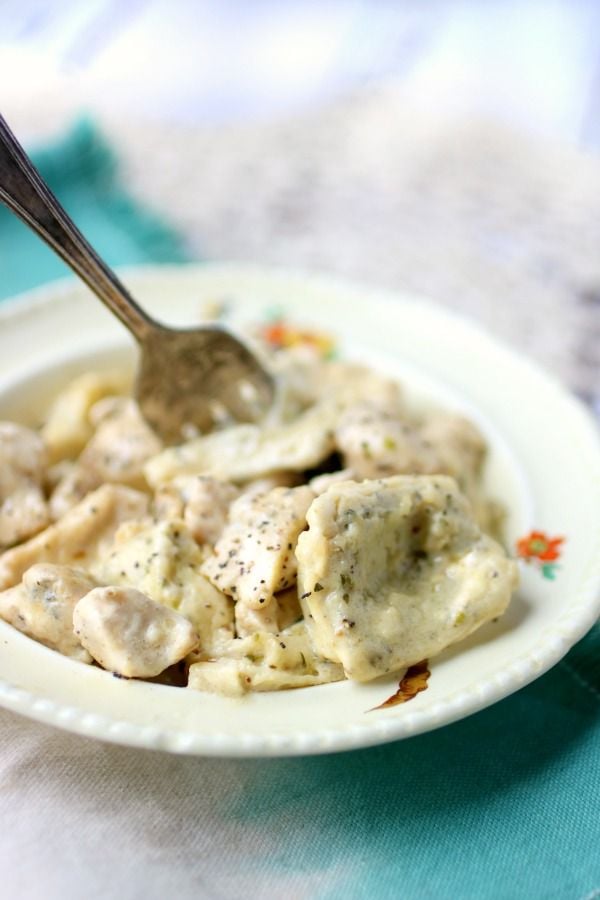 Southern low carb chicken and dumplings that I made in a Bowl With a Silver Fork in It.