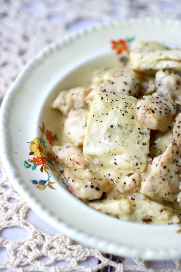 Closeup of Low Carb Southern Chicken and Dumplings in a Bowl.